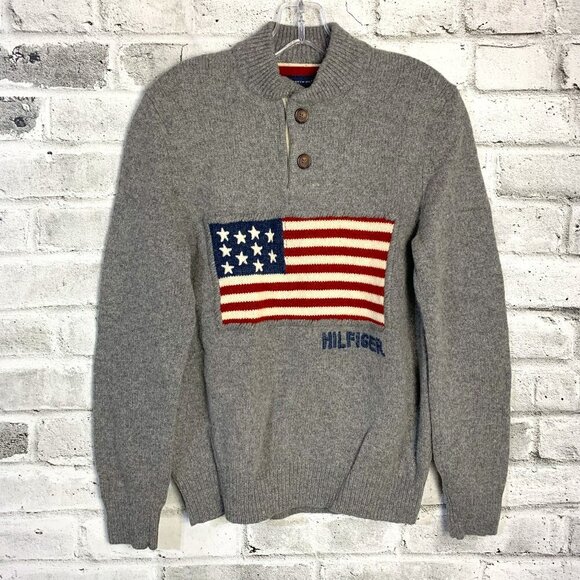 Tommy Hilfiger Quarter Button Wool Blend USA Flag Sweater - Picture 1 of 14
